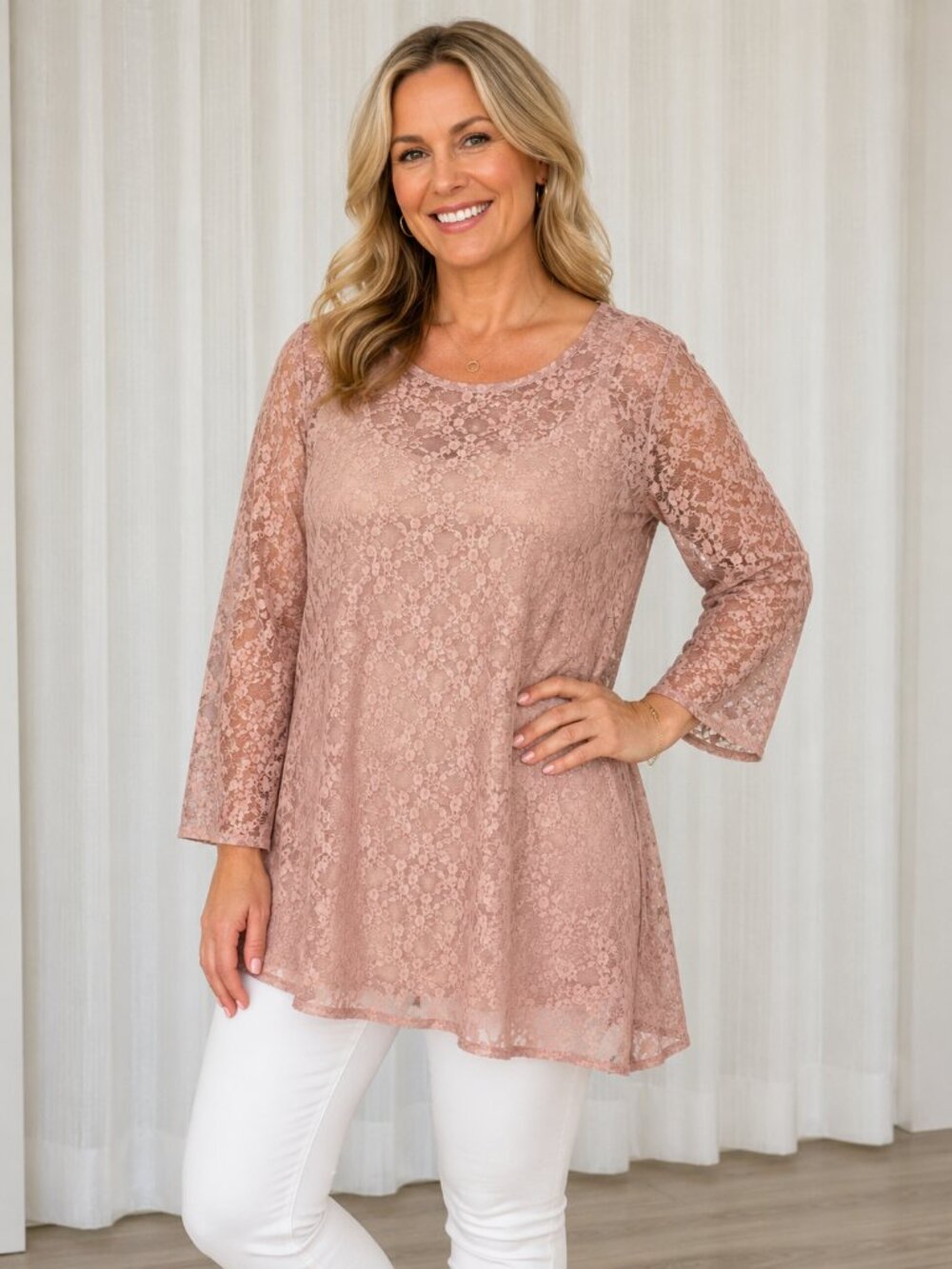 LOGO by Lori Goldstein Layers Tunic Tan Sheer Mesh Floral Embroidery NWOT 1X